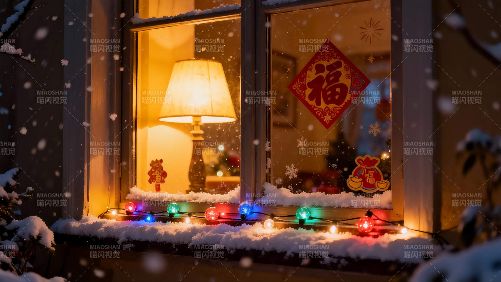 雪夜窗景温馨节日氛围图片