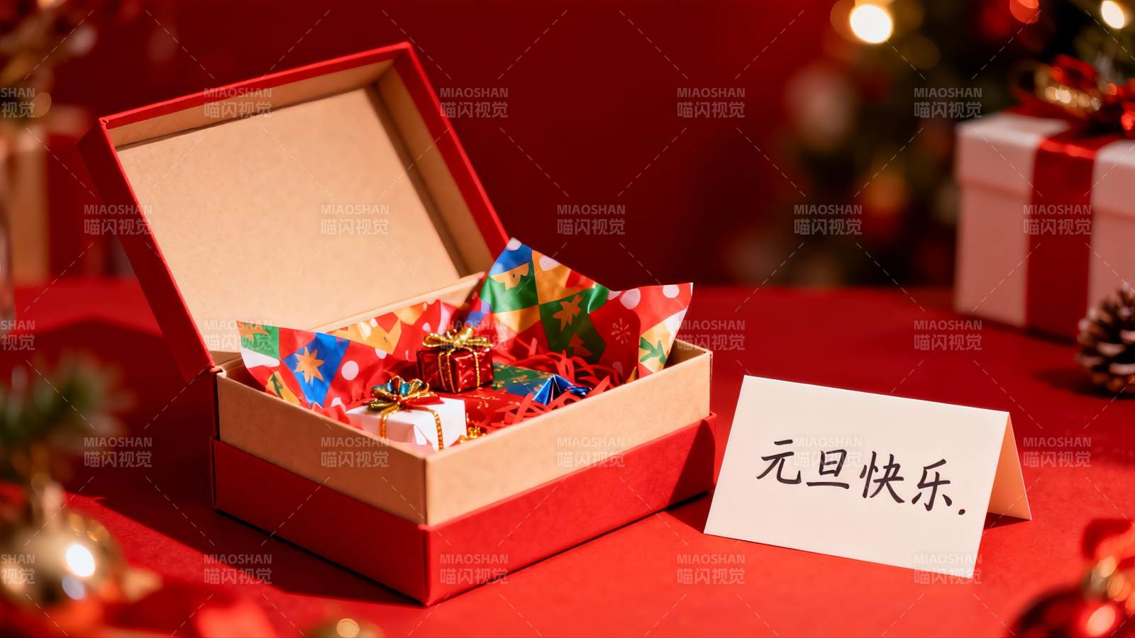 红色礼盒新年礼物贺卡图片