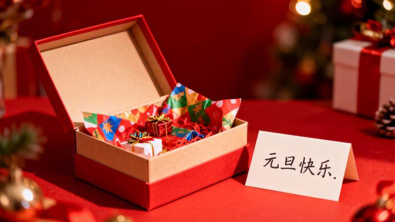 红色礼盒新年礼物贺卡图片