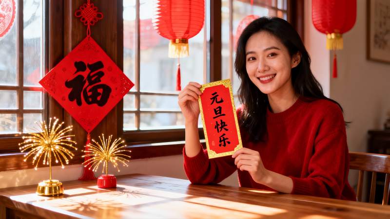 女子手持元旦贺卡庆祝新年图片