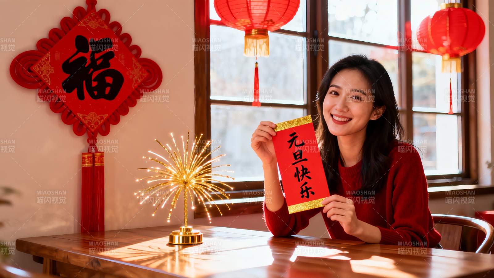 女子手持新年贺卡室内喜庆场景图片