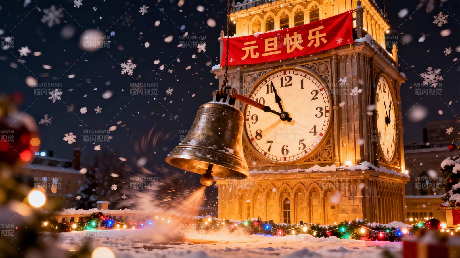 雪夜钟楼新年庆祝场景图片