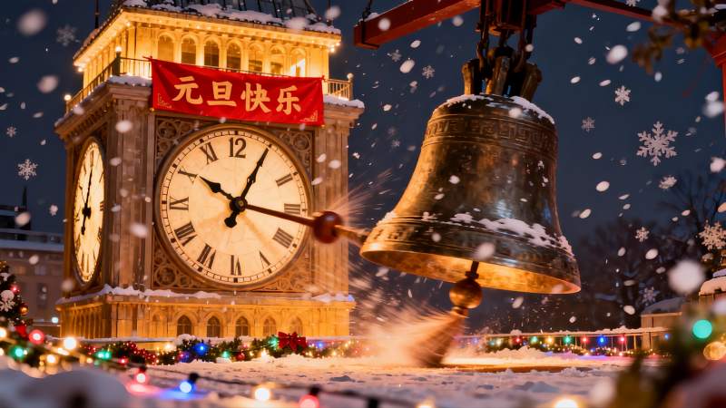 雪夜钟楼敲响元旦快乐图片