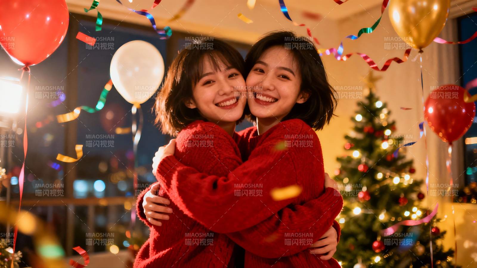 圣诞派对闺蜜拥抱欢乐瞬间图片