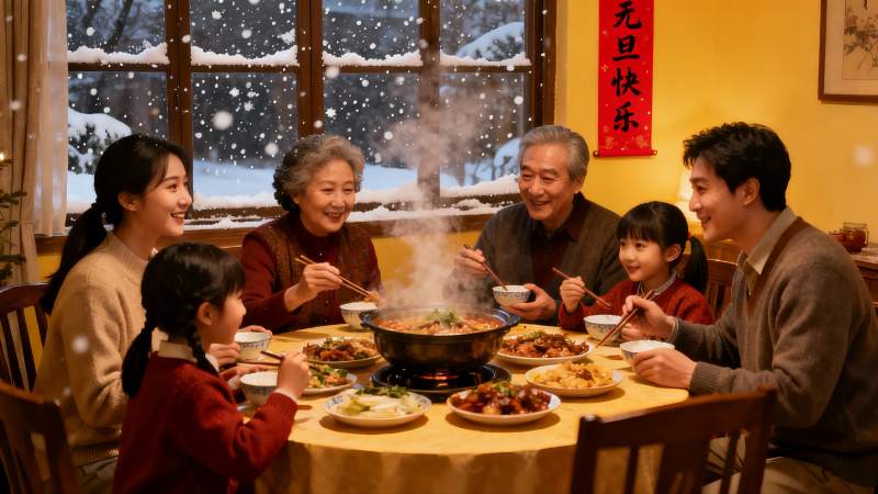 家庭围坐火锅团圆饭图片