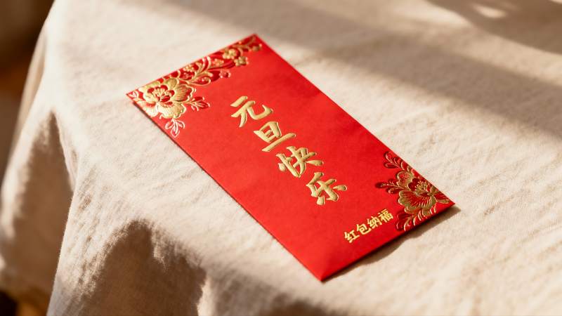 红色红包放置于布面上图片