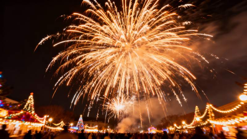 夜空烟花璀璨绽放人群欢聚图片