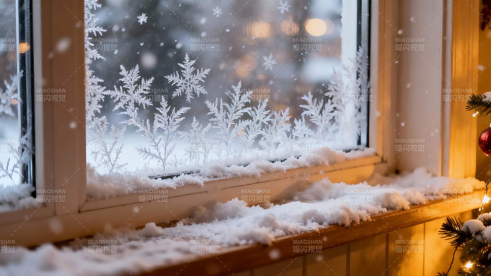 窗前雪景冬日温馨画面图片