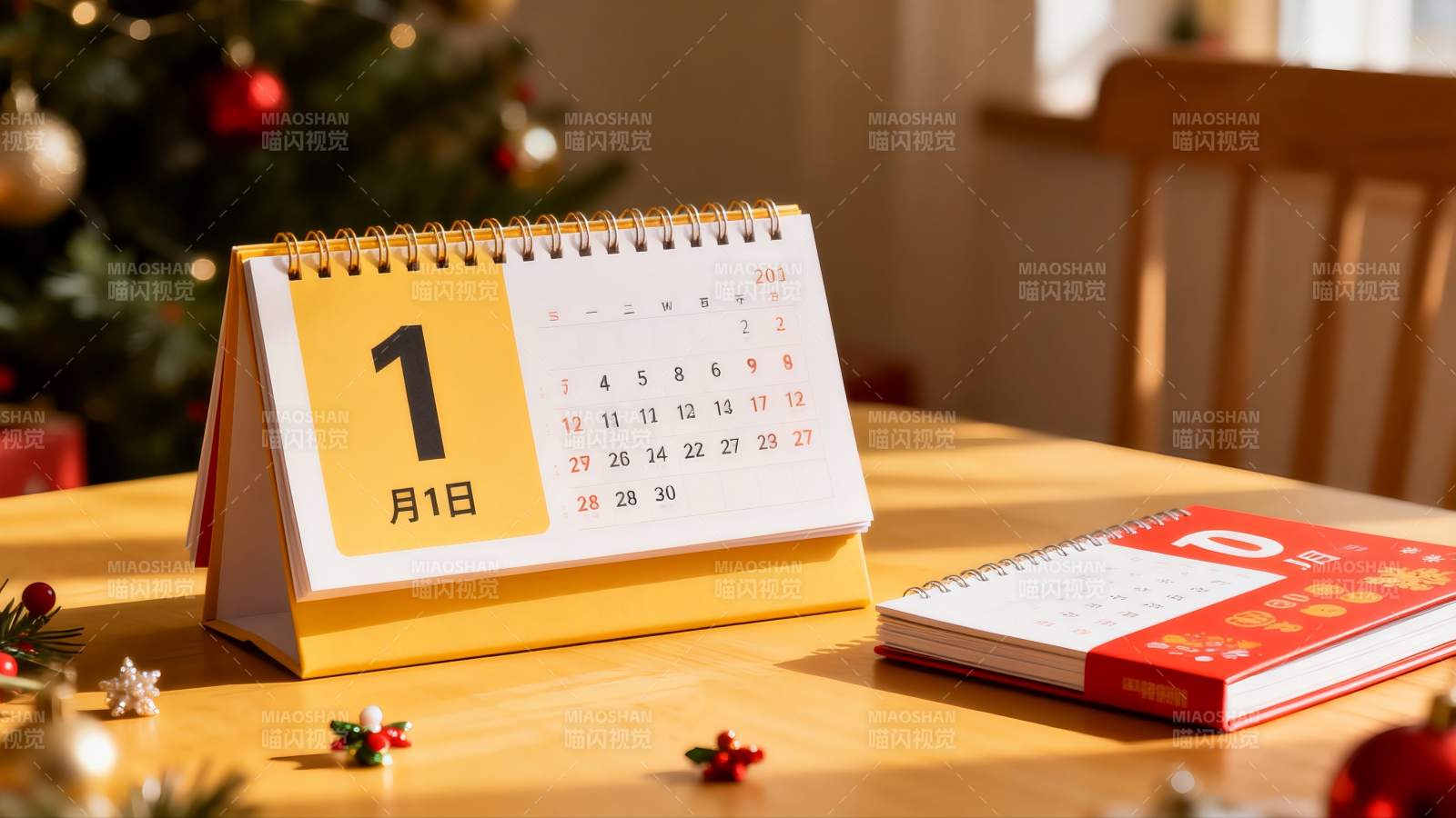新年日历与圣诞树装饰图片