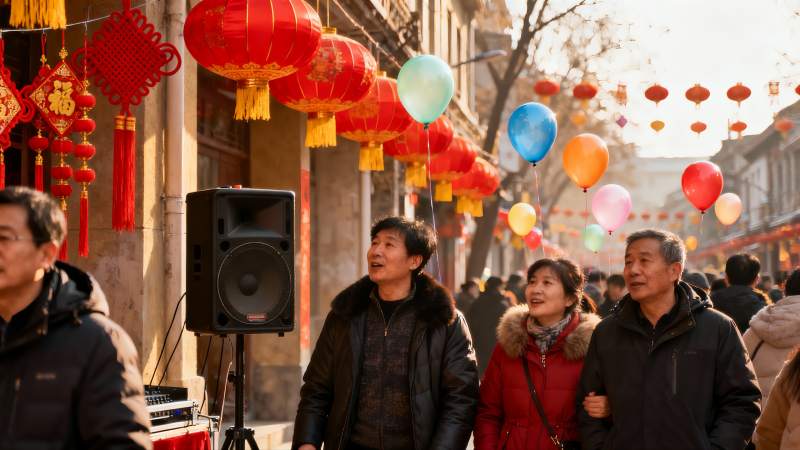 春节街头挂灯笼人群欢聚图片