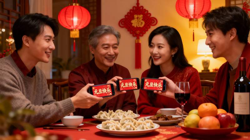 家人围坐餐桌共庆元旦图片