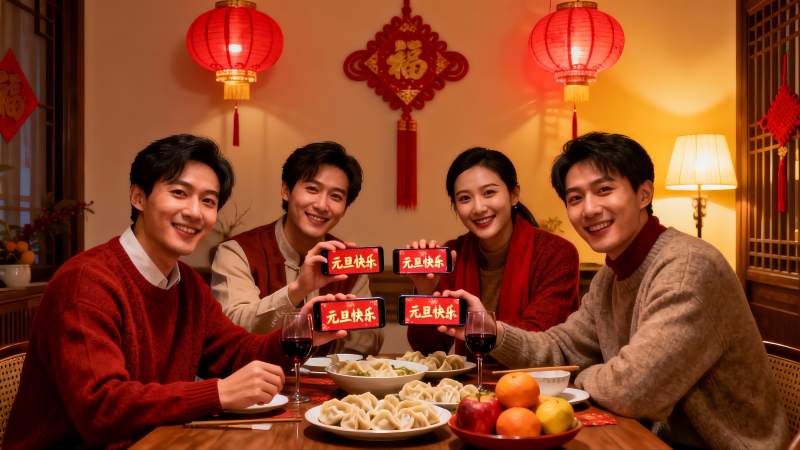 新年聚餐四人手持手机祝福图片