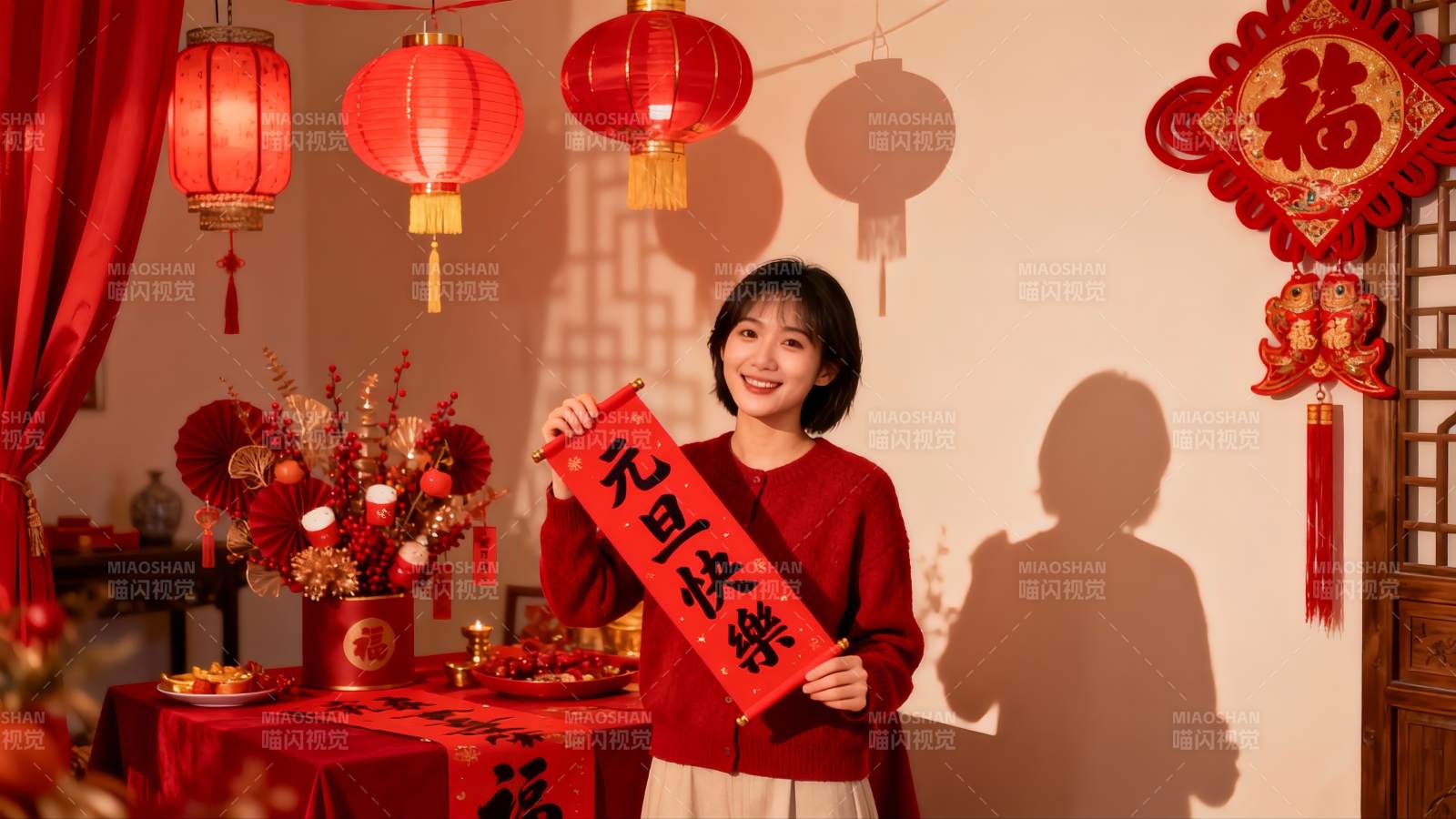 新年室内装饰与手持春联图片