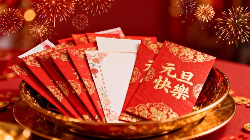 红色红包与烟花庆祝新年图片