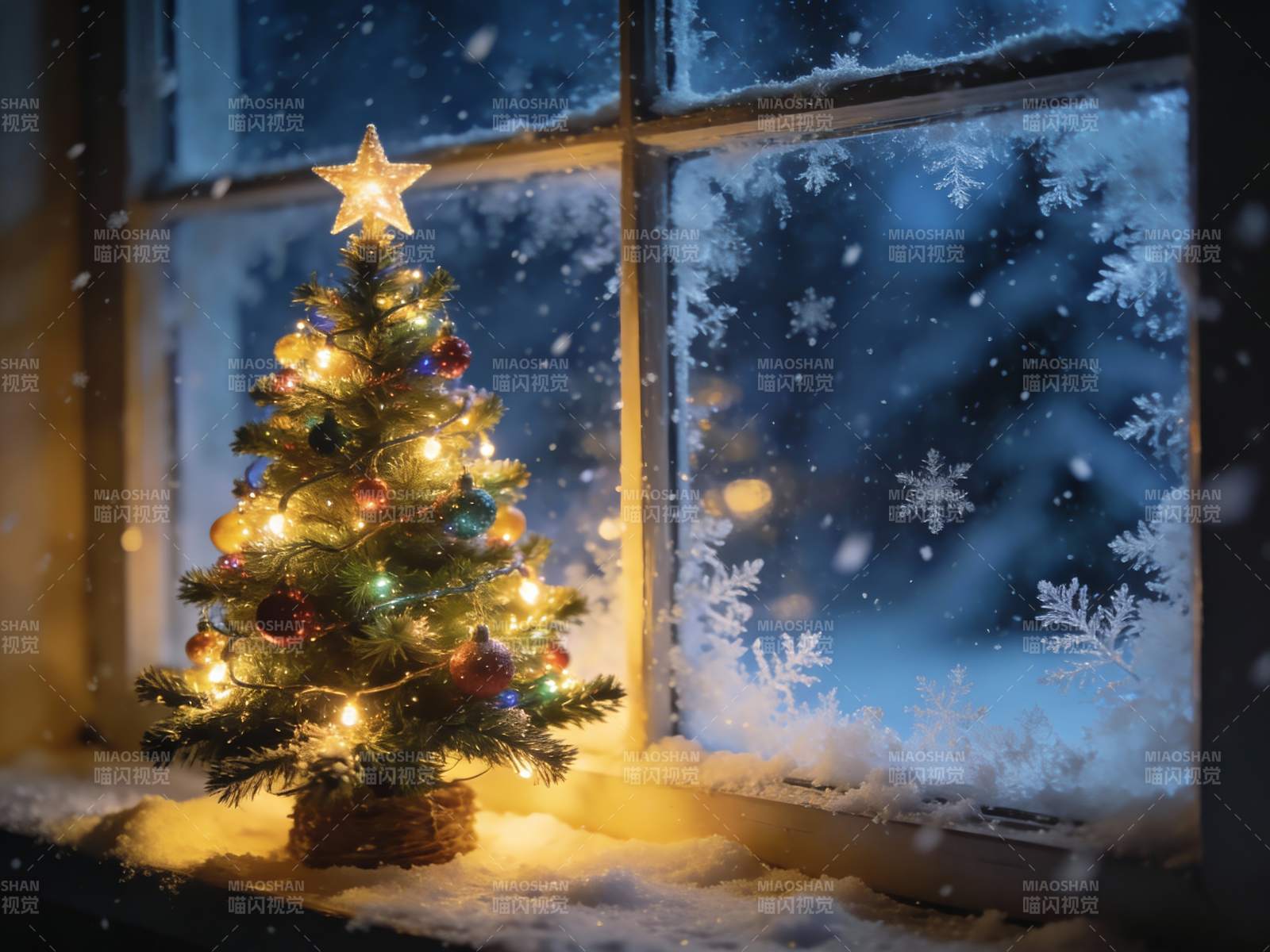 窗边圣诞树雪景温馨图片