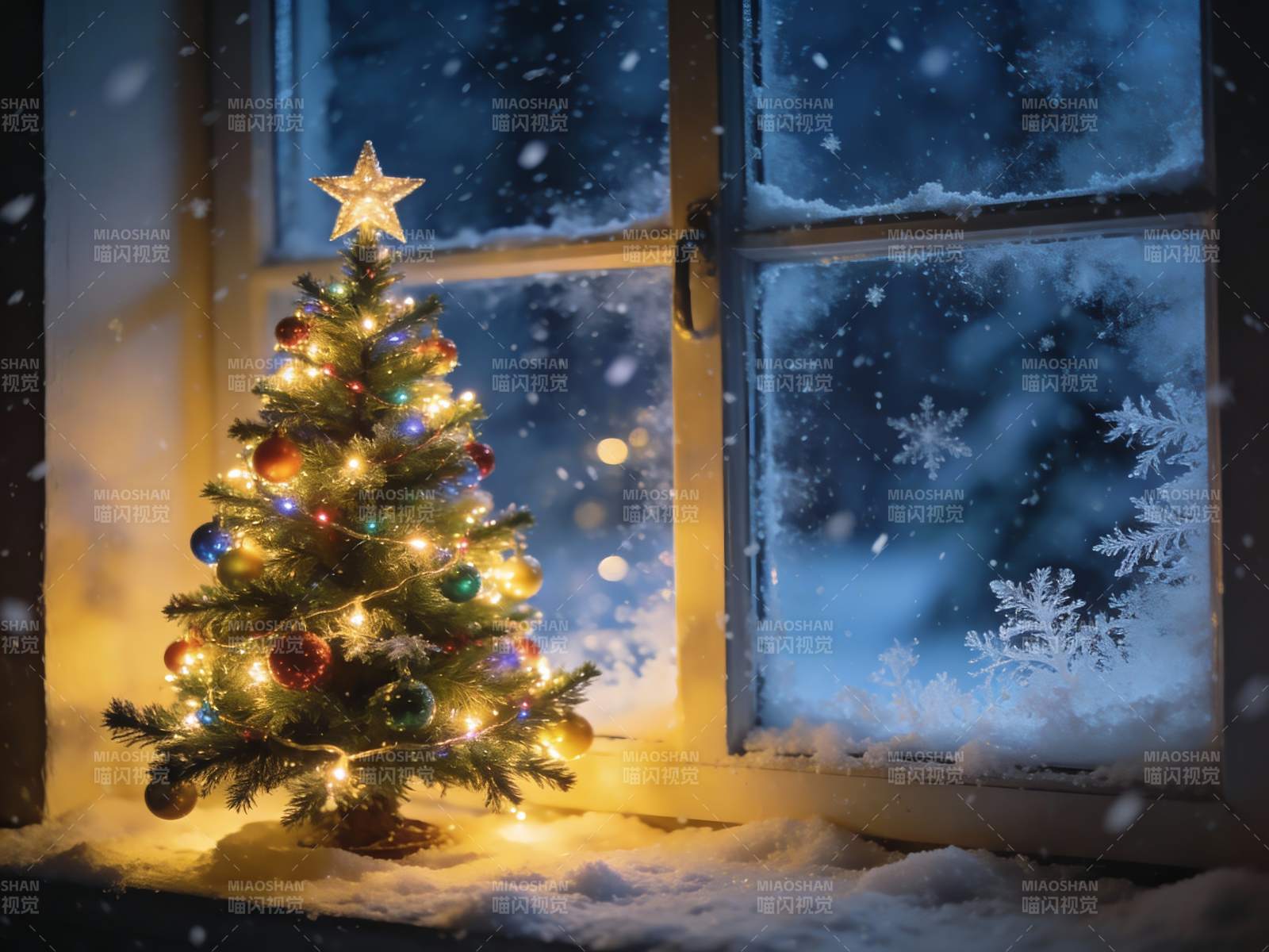 窗边圣诞树雪景温馨图片