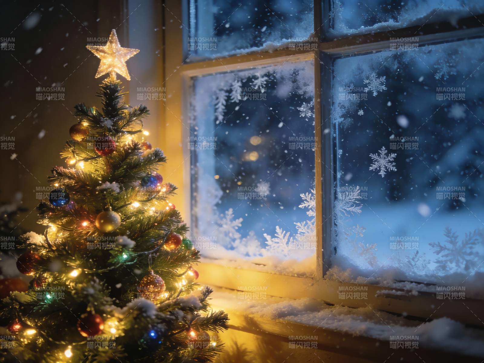 雪夜窗前圣诞树图片
