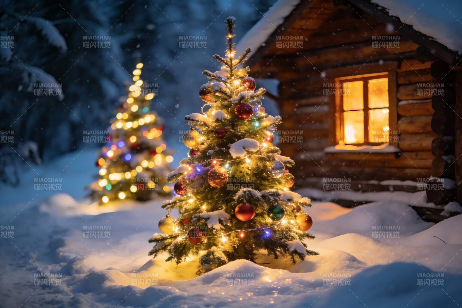 雪夜木屋前的圣诞树图片