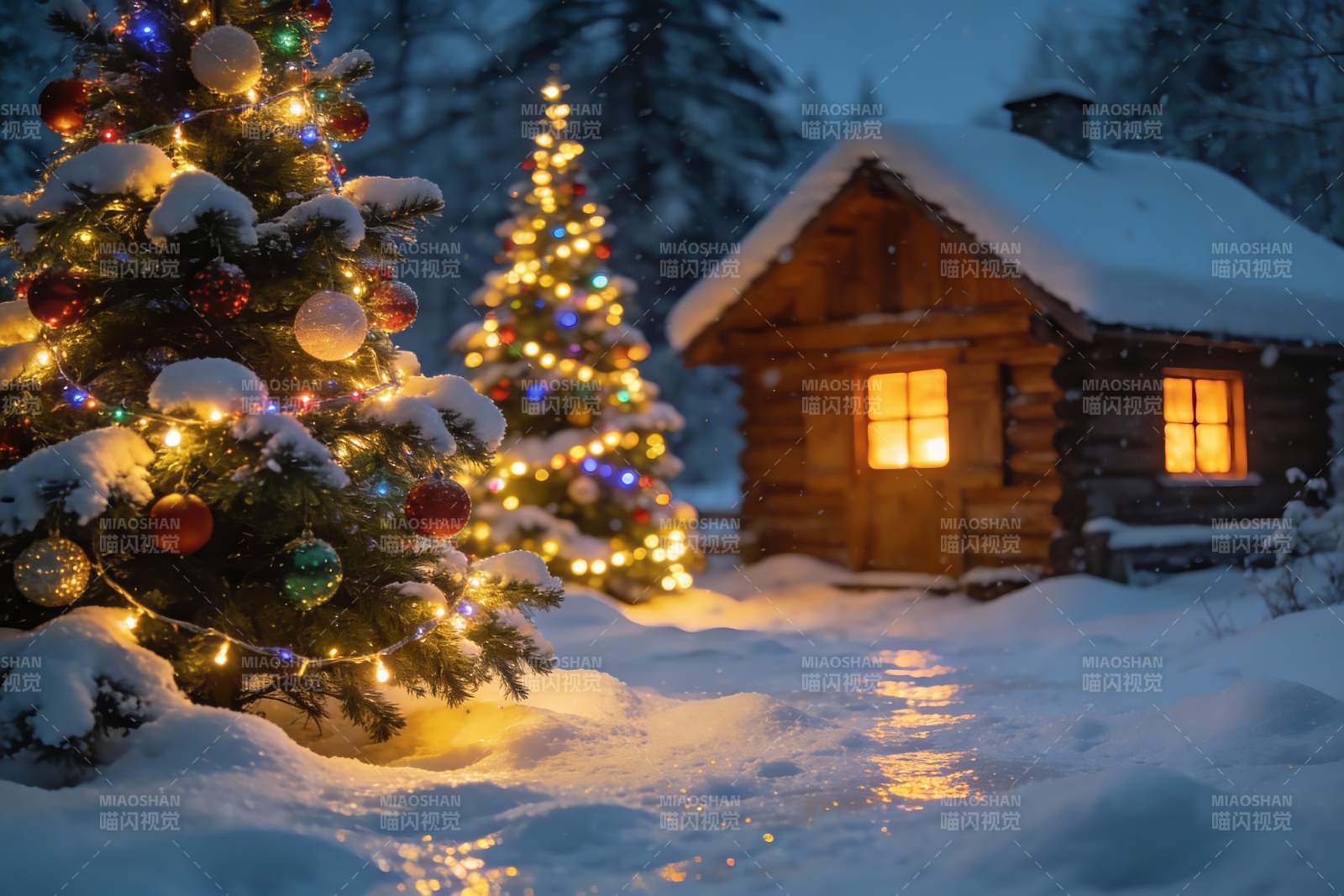 雪夜木屋圣诞树图片