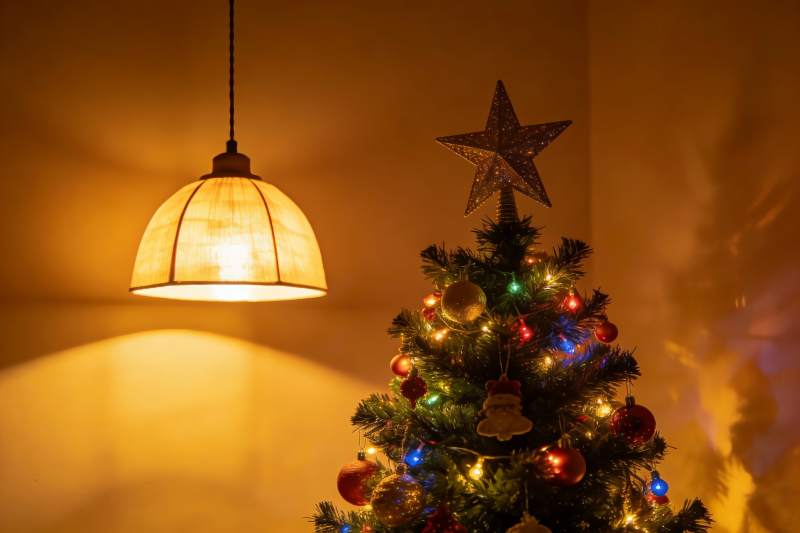 温暖灯光下的圣诞树装饰图片