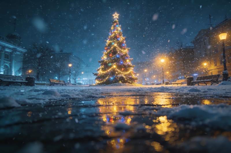 雪夜圣诞树灯火辉煌图片