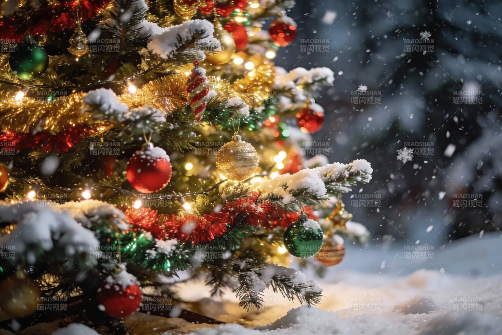 雪夜圣诞树灯光闪烁图片