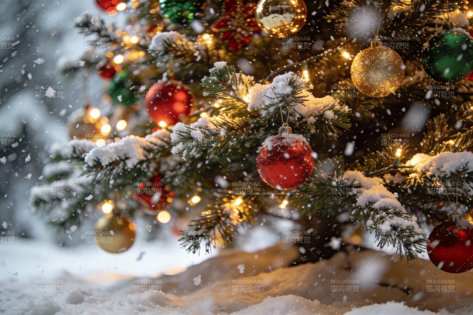 雪中圣诞树挂满彩球图片