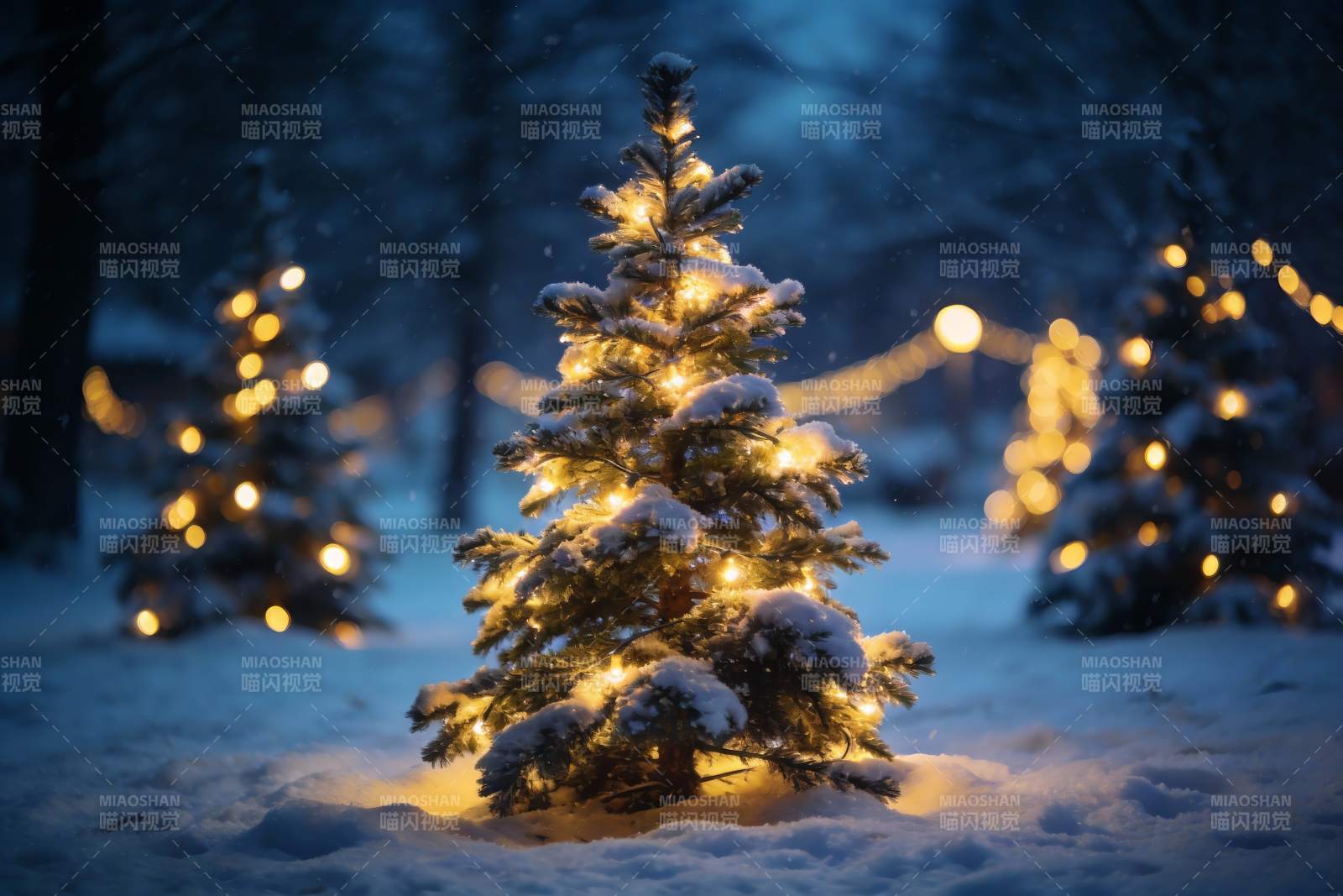 雪夜圣诞树灯光闪烁图片