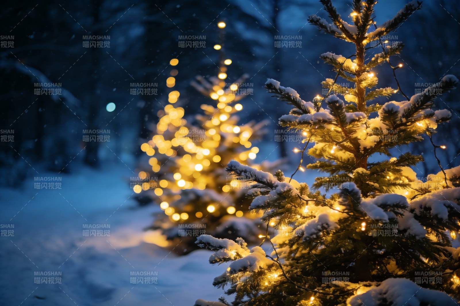 雪夜灯光圣诞树图片