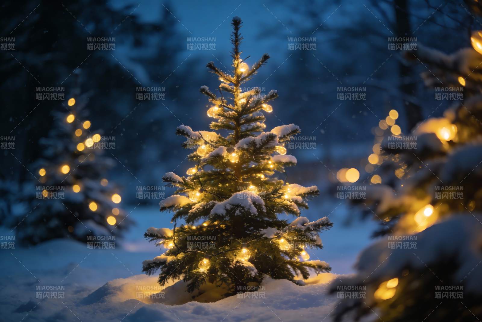 雪夜圣诞树灯光闪烁图片