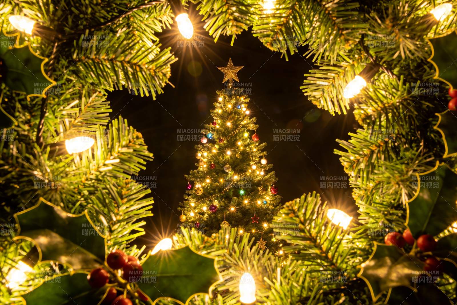圣诞树与花环夜景图片
