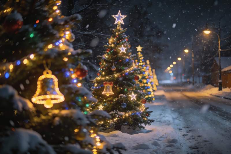 雪夜圣诞树灯光璀璨图片