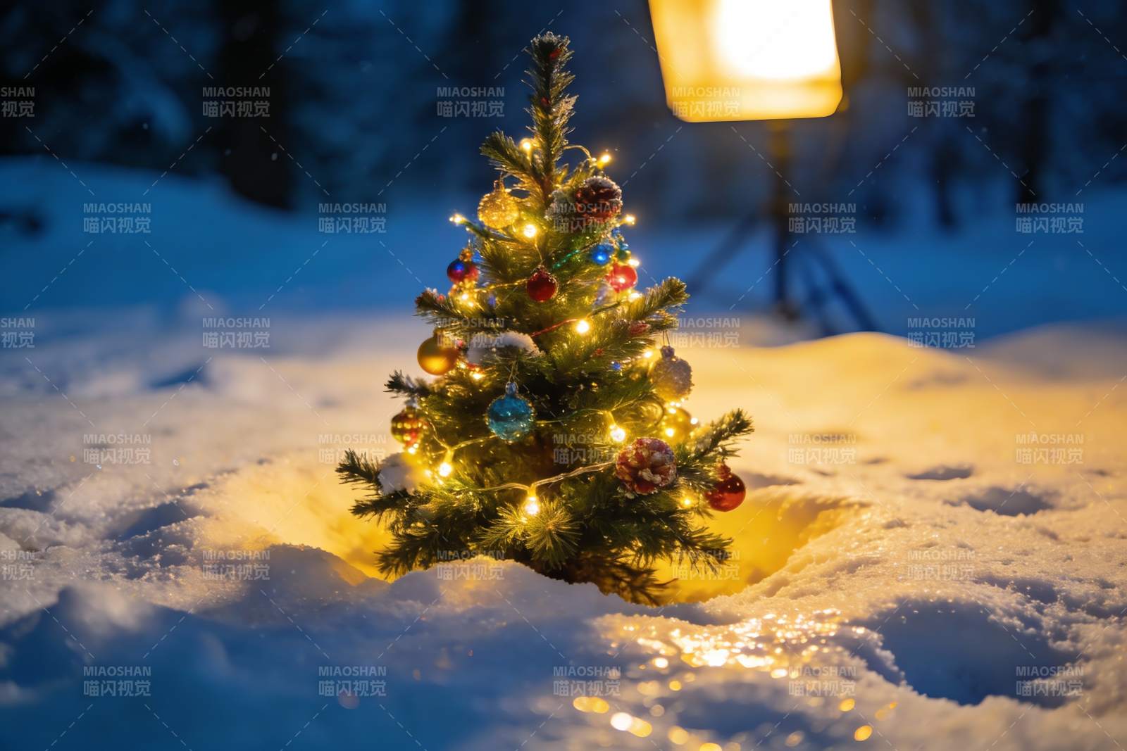 雪地圣诞树夜景图片
