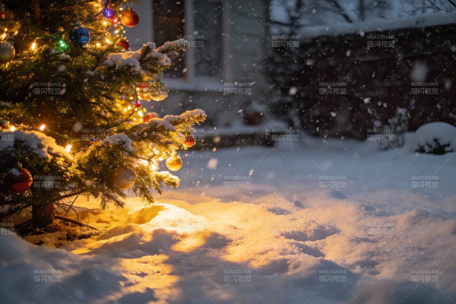 雪夜圣诞树灯光闪烁图片