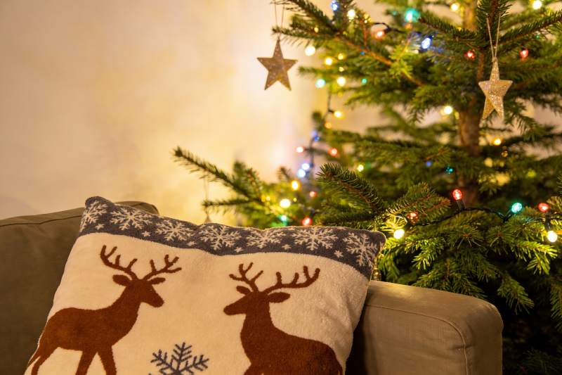圣诞树旁的鹿纹抱枕温馨场景图片