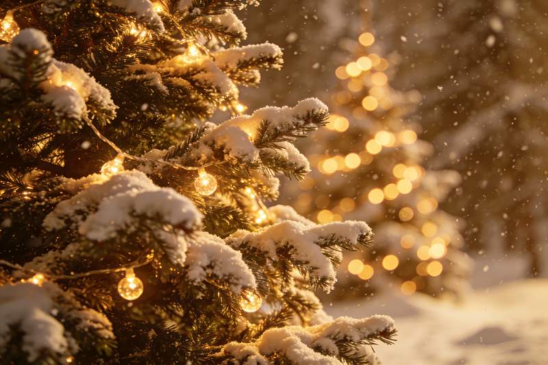 雪夜圣诞树灯光闪烁图片