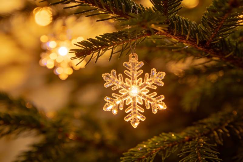 圣诞树上的雪花挂饰特写图片