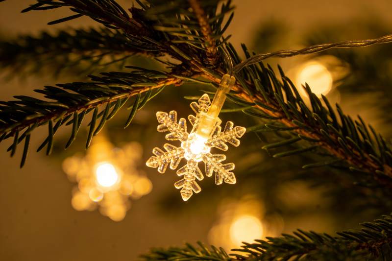 圣诞树上的雪花灯饰特写图片
