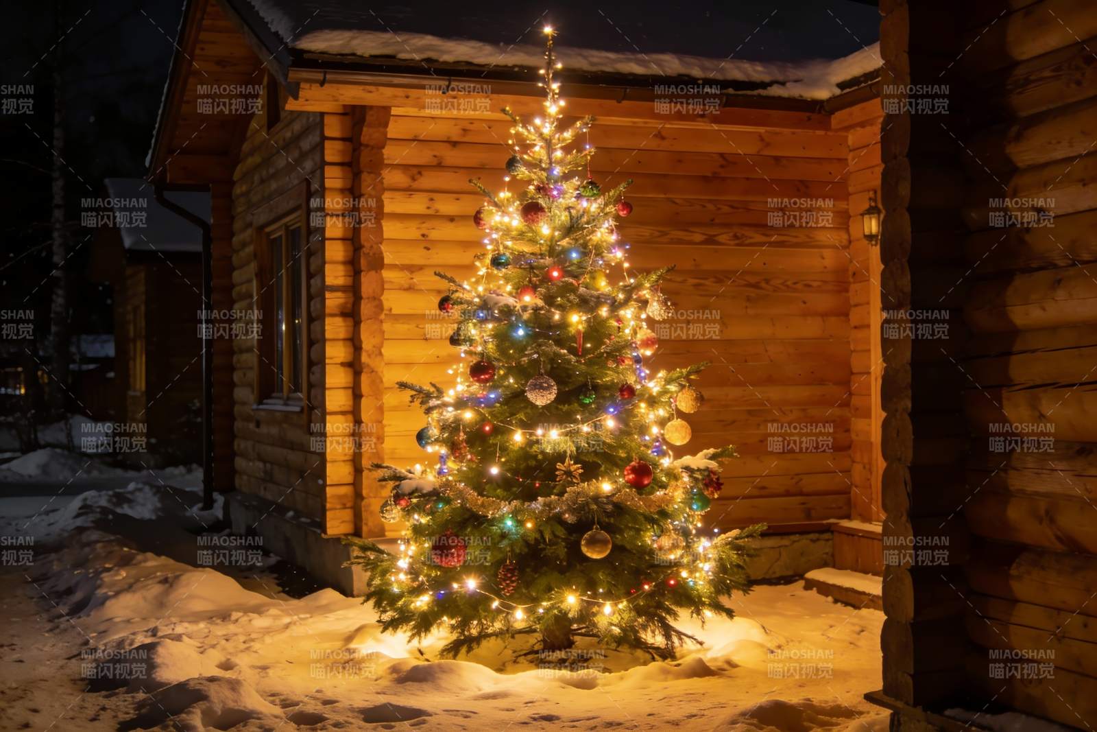 雪夜木屋前的圣诞树图片