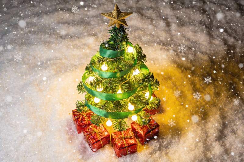 雪地圣诞树与礼物盒图片