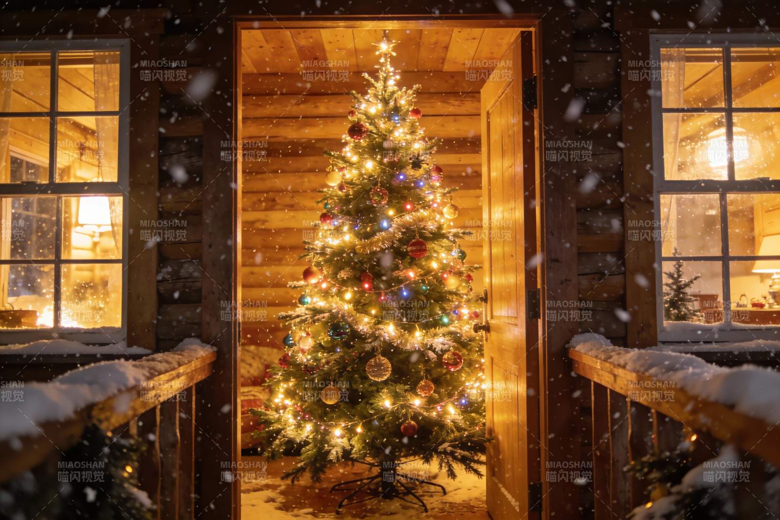 雪夜木屋圣诞树图片