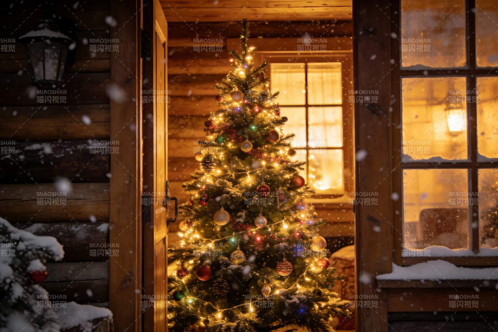 雪夜木屋圣诞树图片