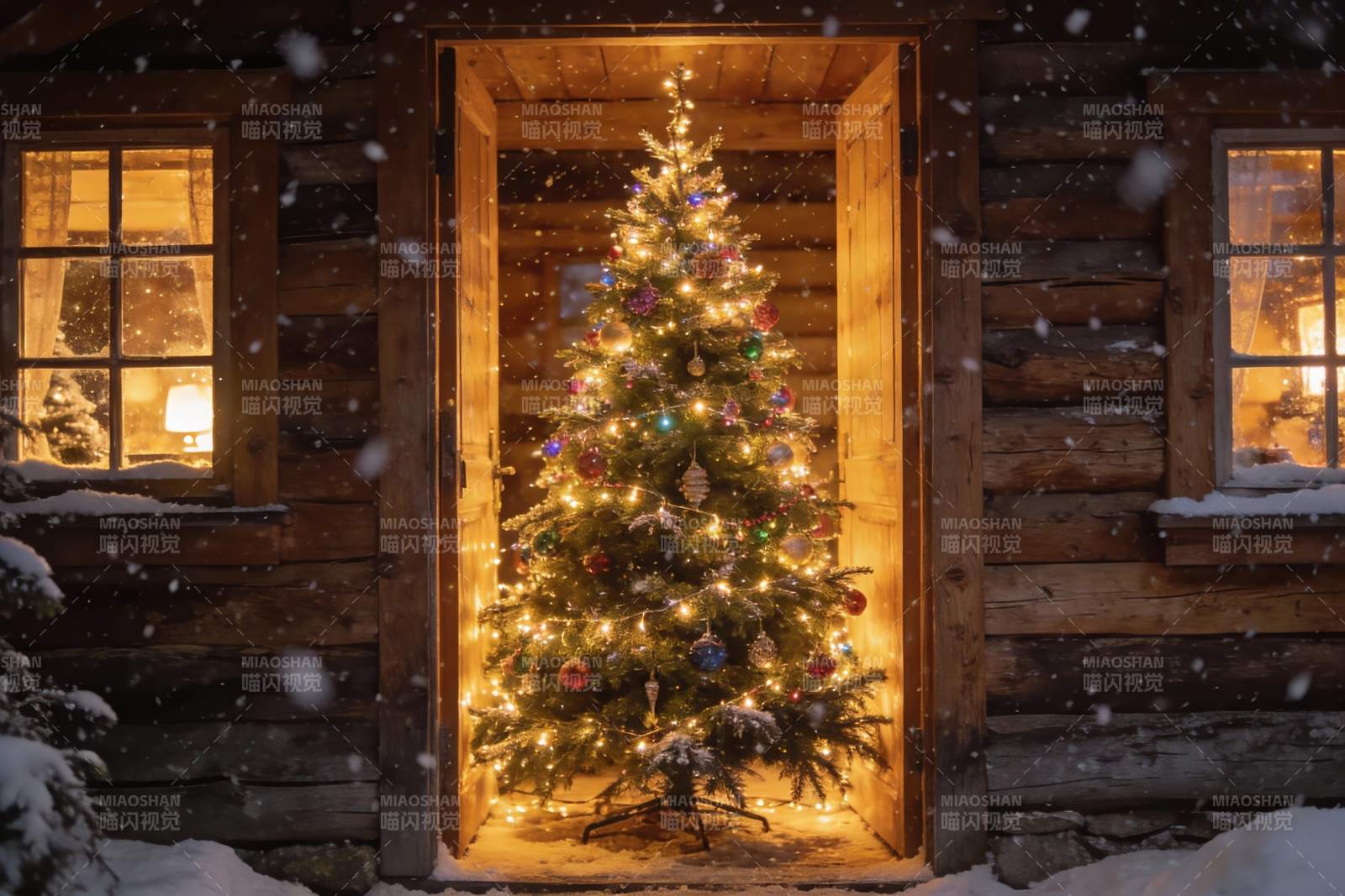 雪夜木屋圣诞树图片