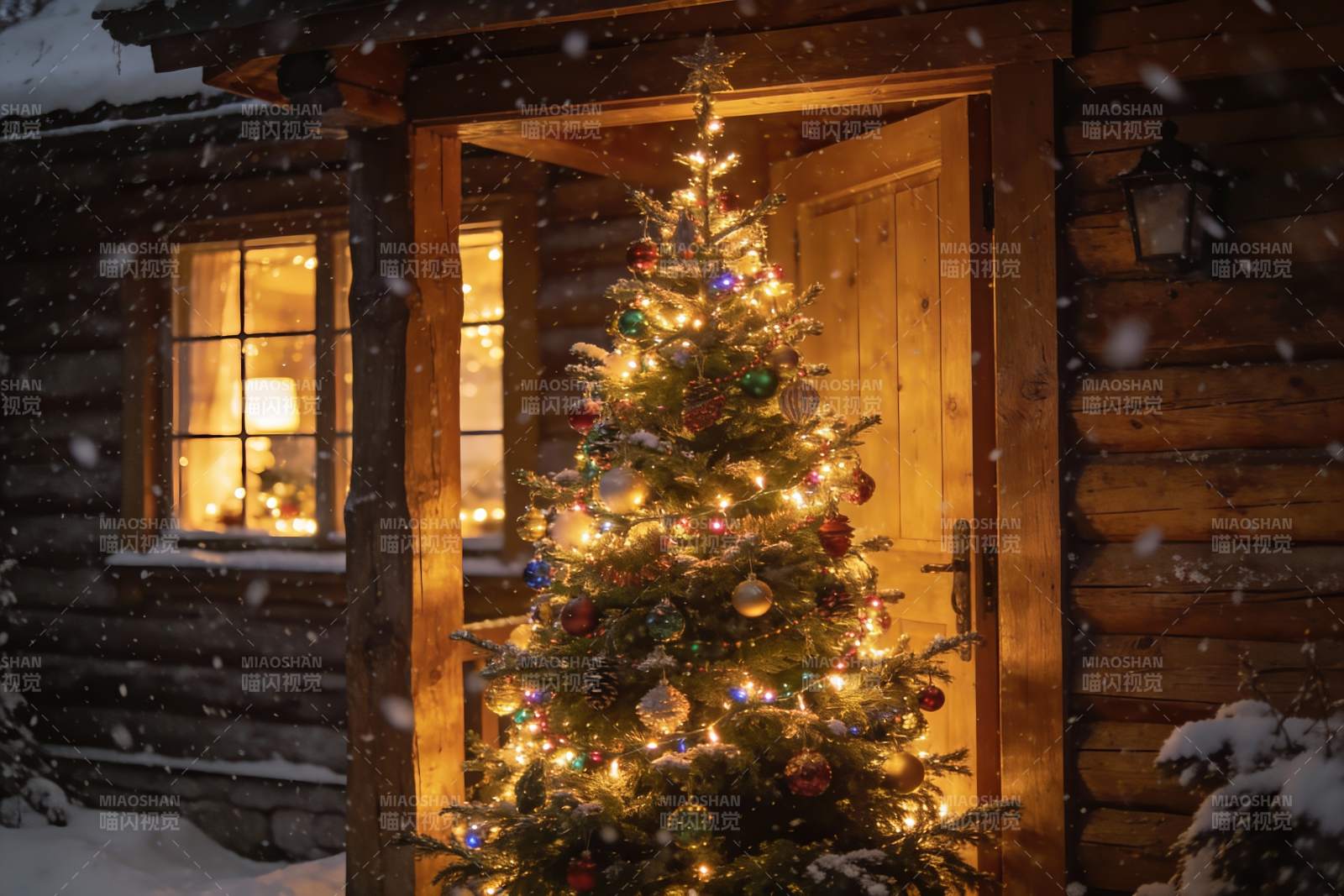 雪夜木屋前的圣诞树图片