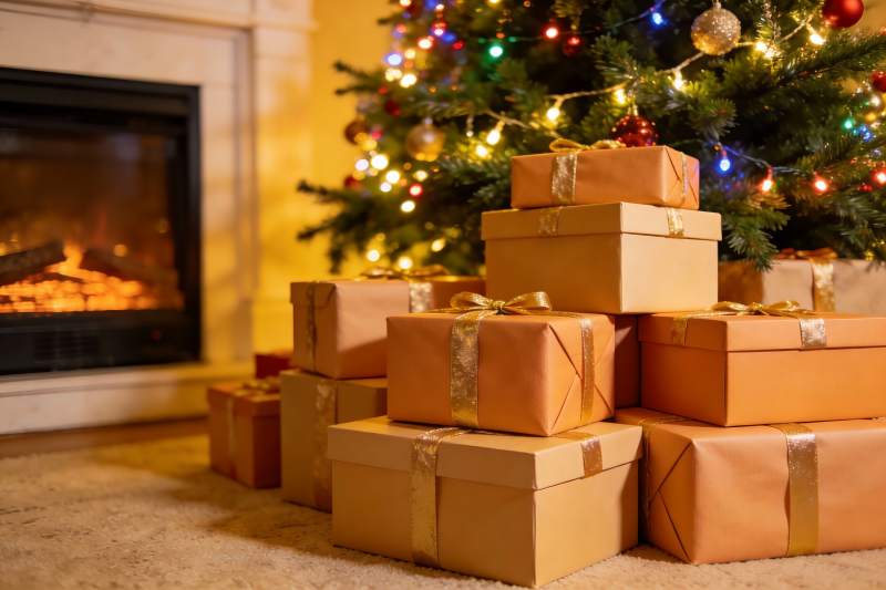 圣诞树下堆满礼物盒温馨场景图片