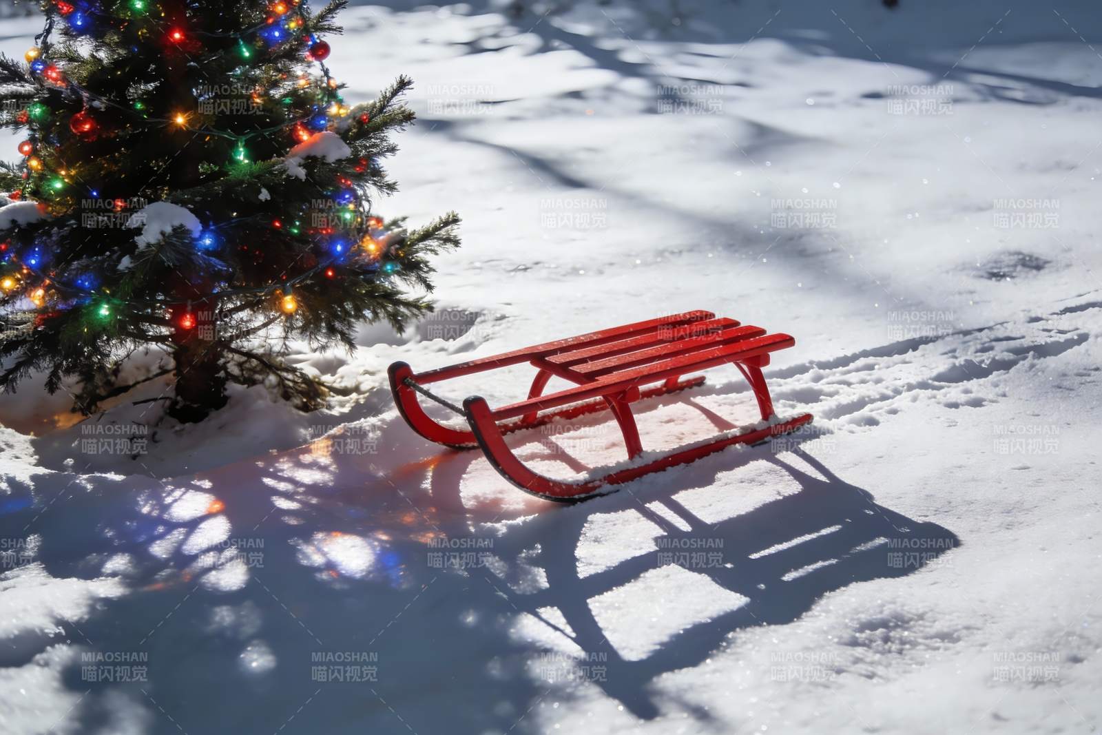 雪地圣诞树旁的红色雪橇图片