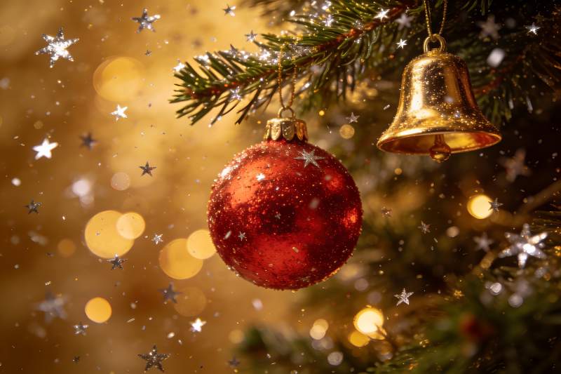 圣诞树上的红色球与金色铃铛图片