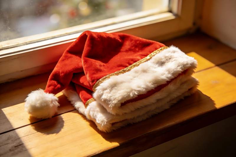 圣诞帽置于窗边木质台面图片