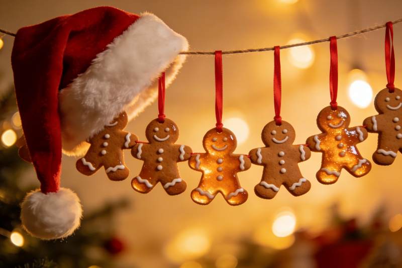 圣诞姜饼人挂饰与红帽图片