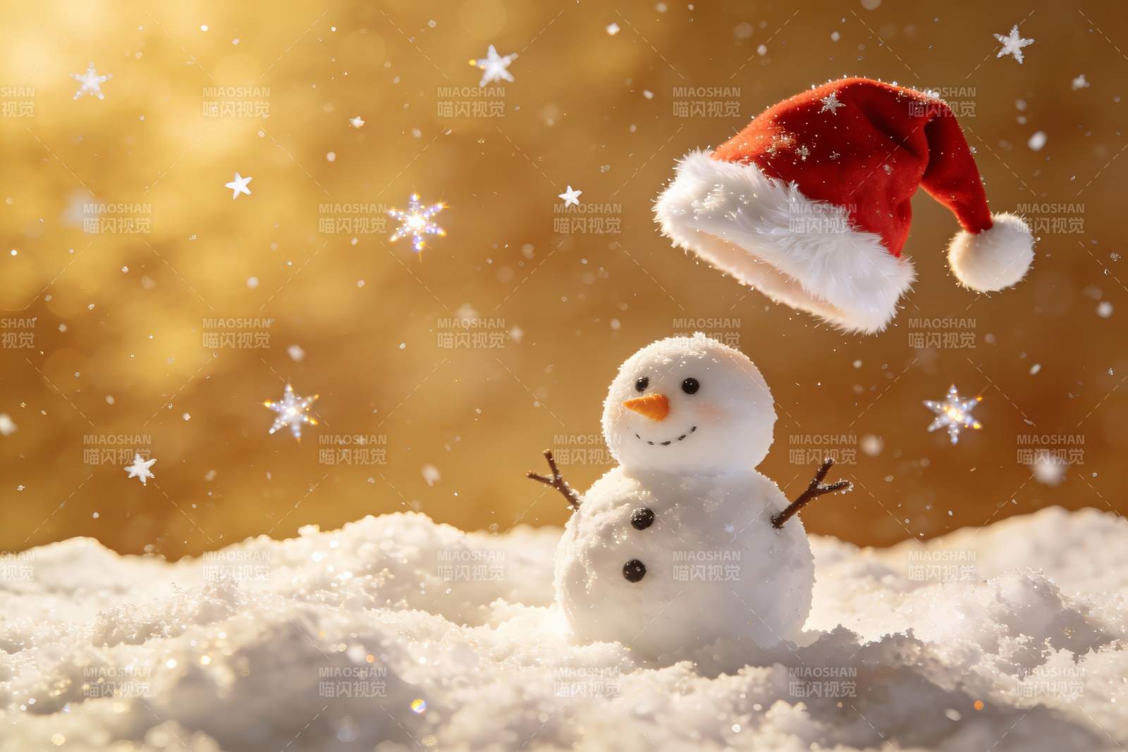 雪人戴圣诞帽冬日欢乐场景图片